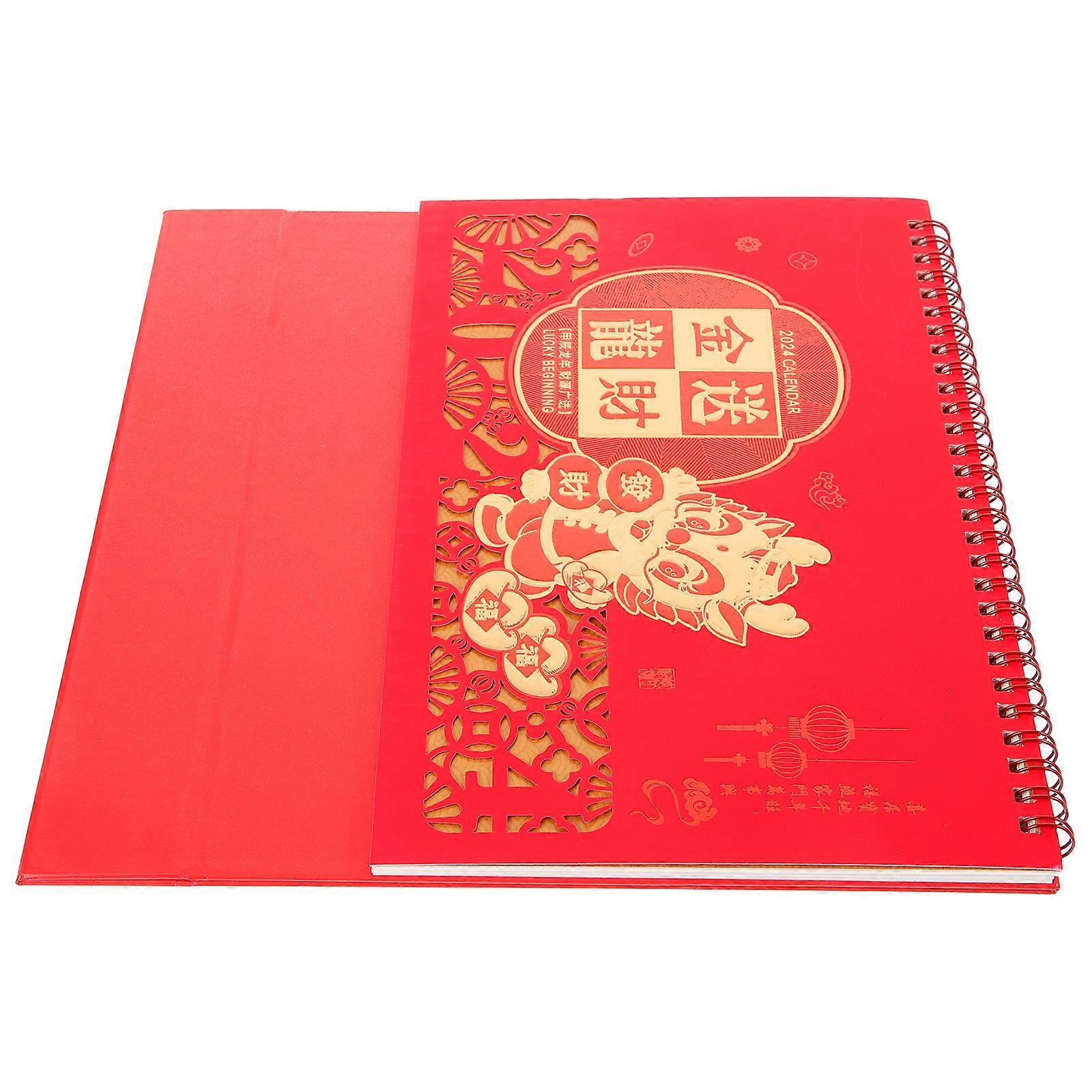 Tabletop Calendar Chinese Style Desk Calendar 2024 Home Office Desktop Standing Calendar Red 25.5x24.5cm Reminder 1Pcs