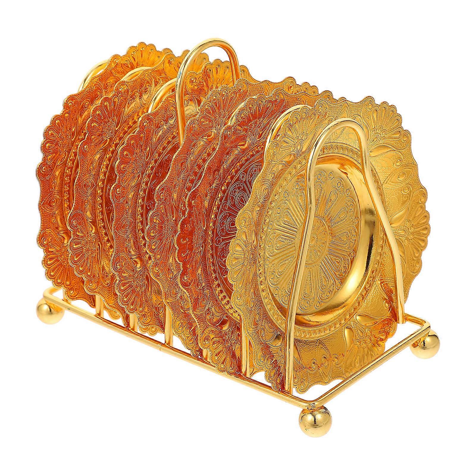Food Serving Snack Tray Plates with Storage Rack 4Sets in Golden Color