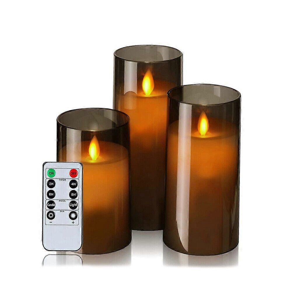 3 Pack Glass Wax LED Candles Set With Remote Control Timer Flameless Flickering