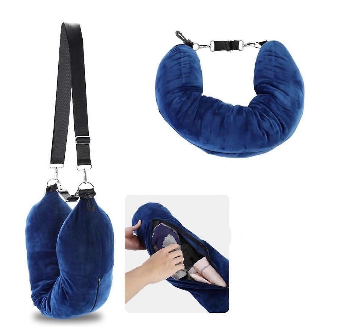 Travel Pillow U Shaped Plush Neck Pillow Stuffable With Detachable Shoulder Strap And Clothes Storage
