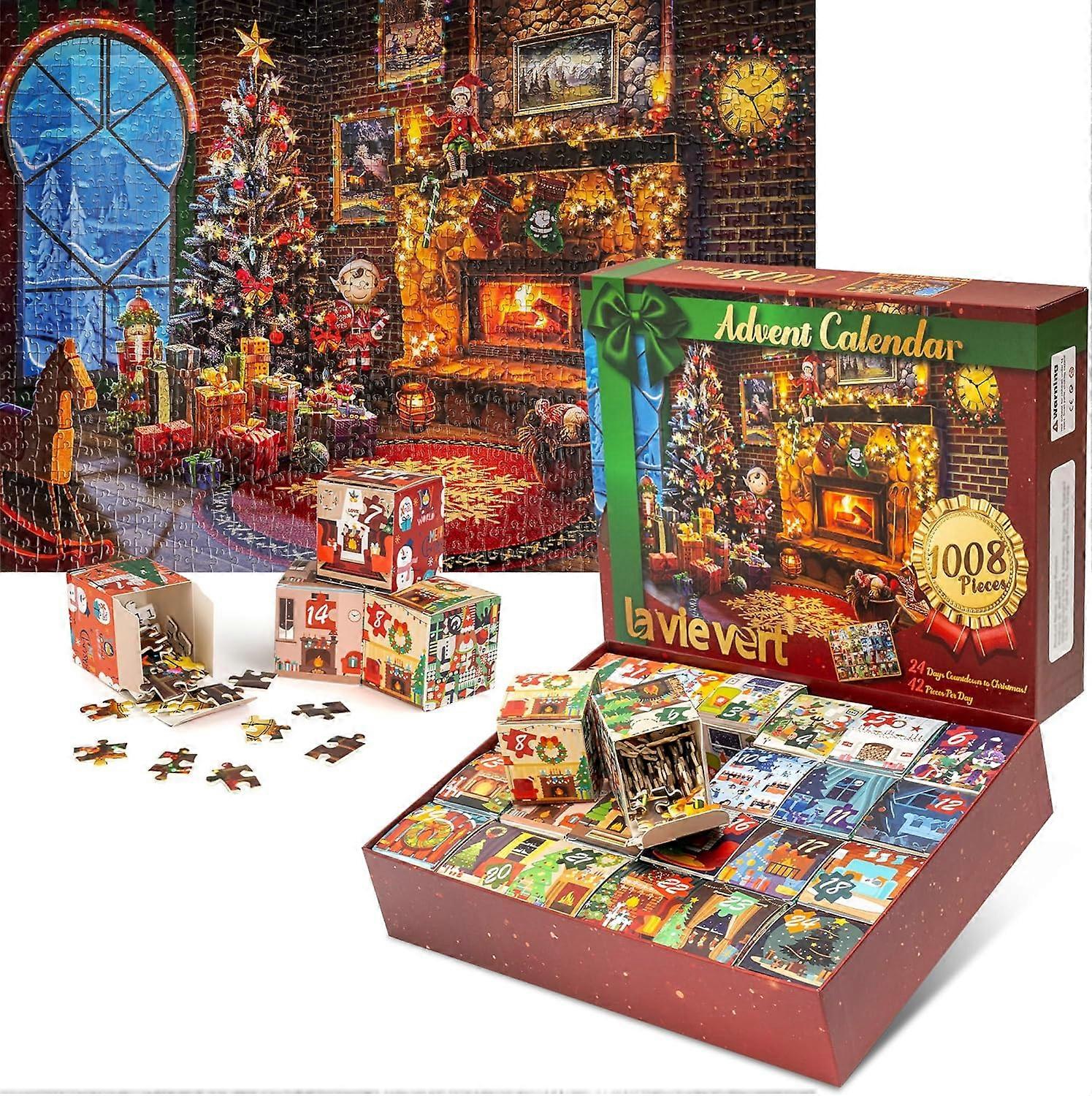 Lavievert Advent Calendar 2025 Xmas Jigsaw Puzzles, Festive Fireplace in Warm Xmas Holiday Puzzle, 24-Day 1008 Pieces Puzzle Countdown to Xmas, Fam...