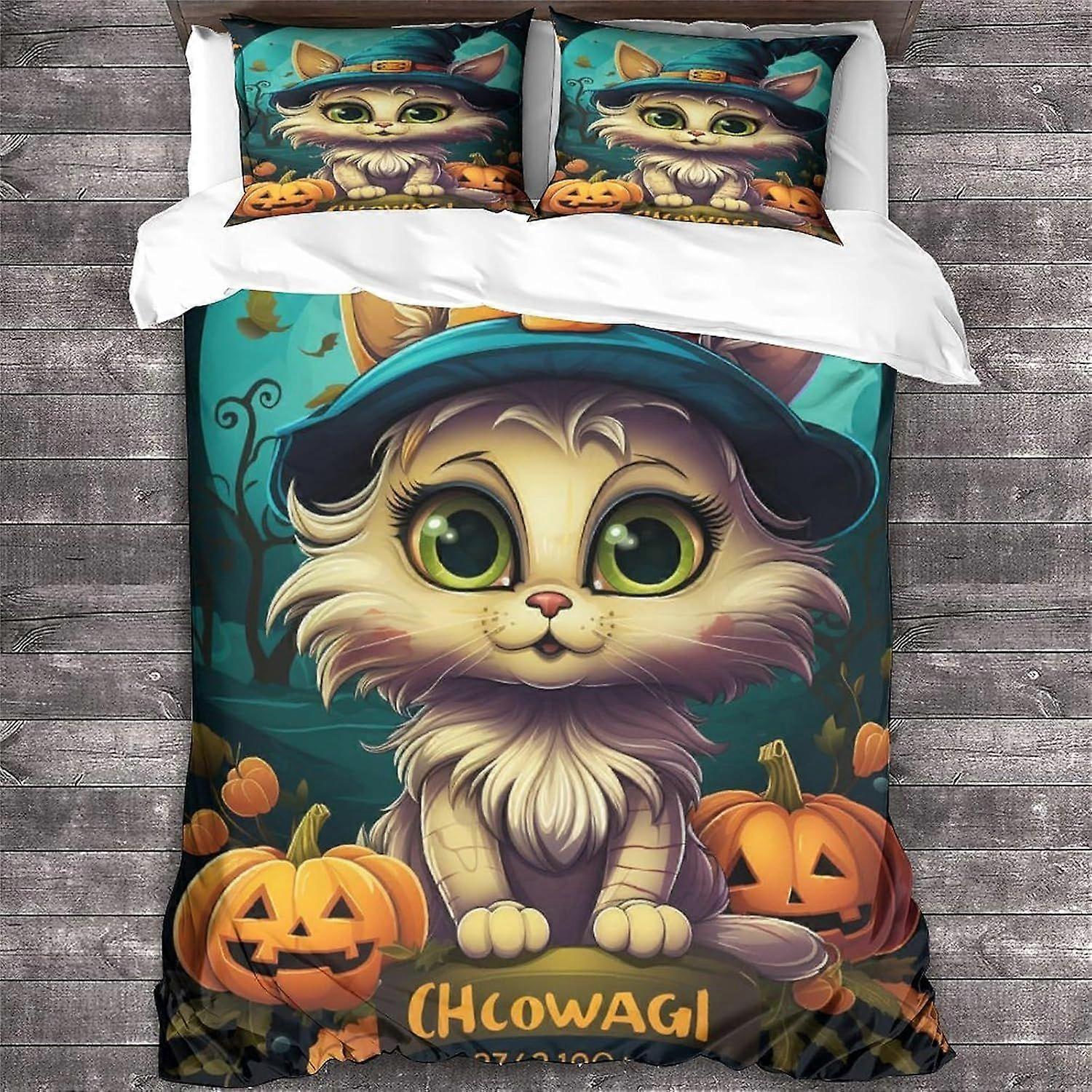 LikeEj Påslakan för katter, 3D Halloween sängkläder Djurtäcken, Sängöverdrag i mikrofiber med örngott Dubbel