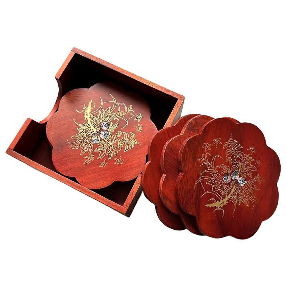 Red Wood Coasters Set with Holder for Heat Insulation 1Set Solid Wood Material