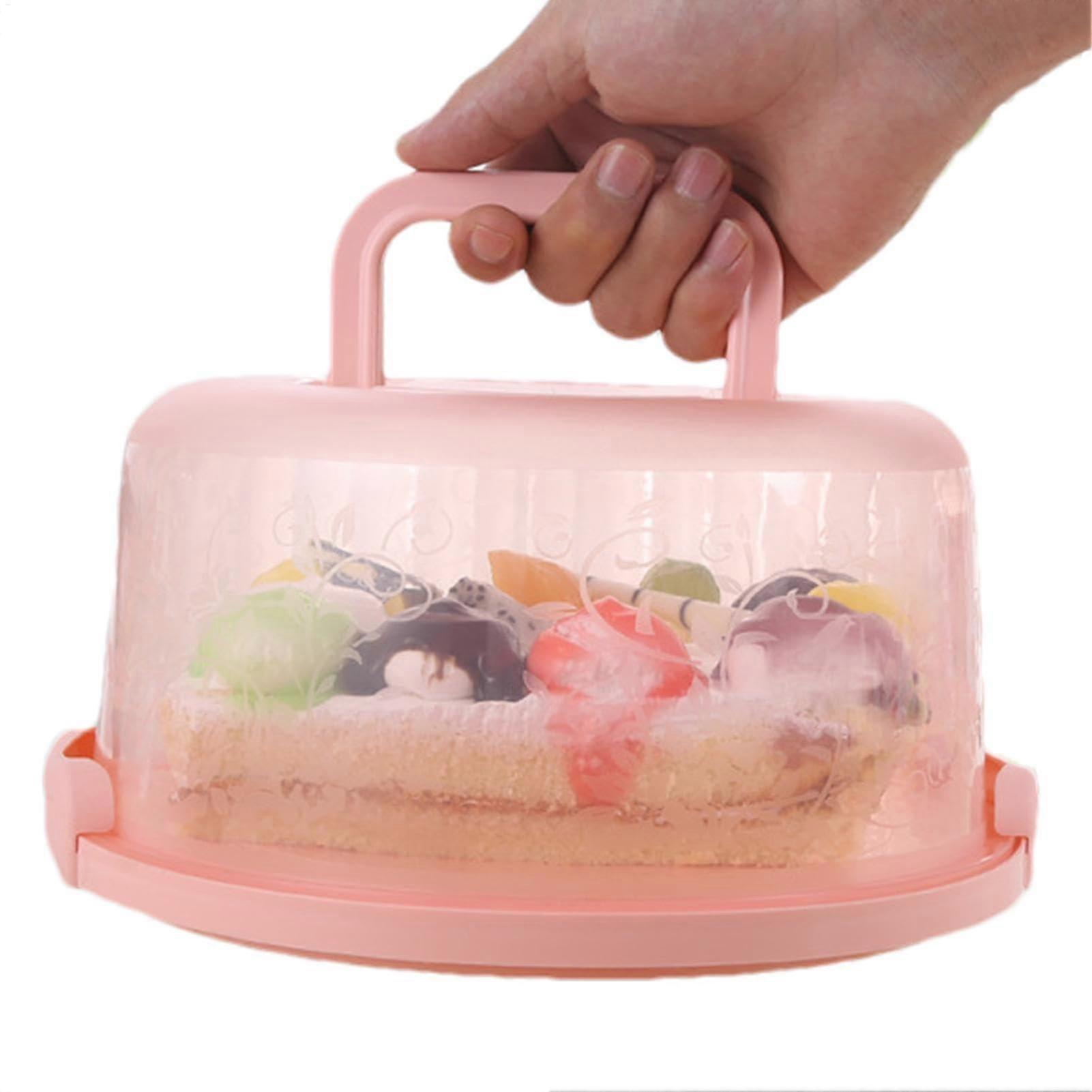 Cake Carrier with Handle and Lid, Food Grade Plastic Cake Transport Box, Pink Reusable Holder