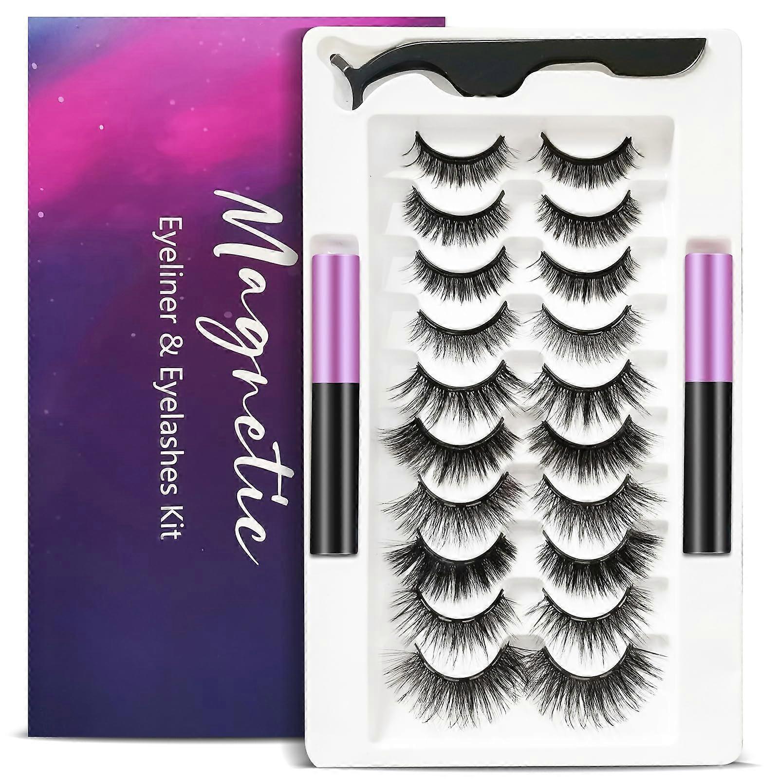 Magnetic Eyelashes Kit 10 Pairs NaturalLook Reusable Lashes with Eyeliner and Tweezers Purple