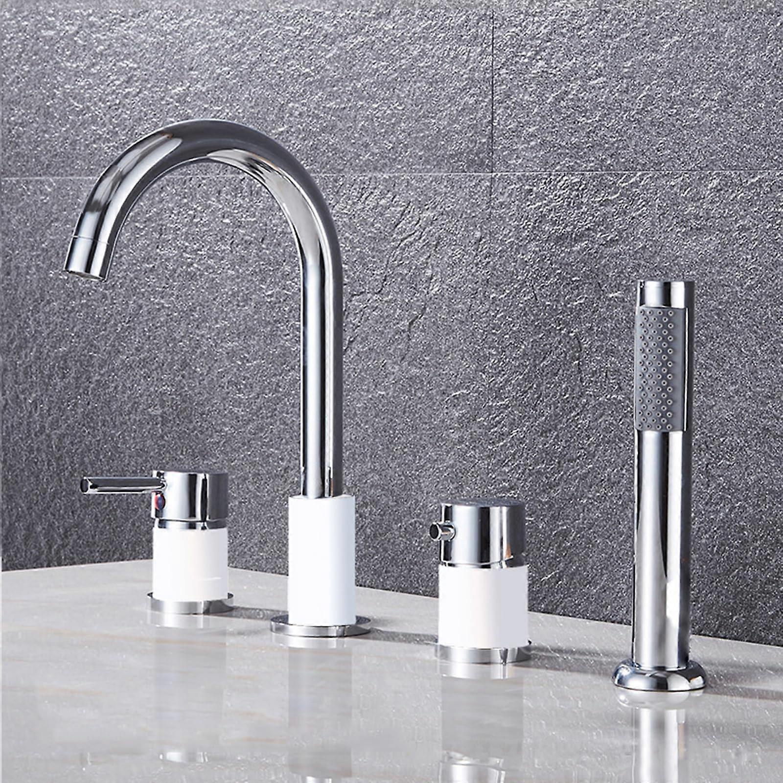 Bath and Shower Mixer Tap 4 Hole Deck Mount White and Chrome with 360° Rotation PullOut Shower