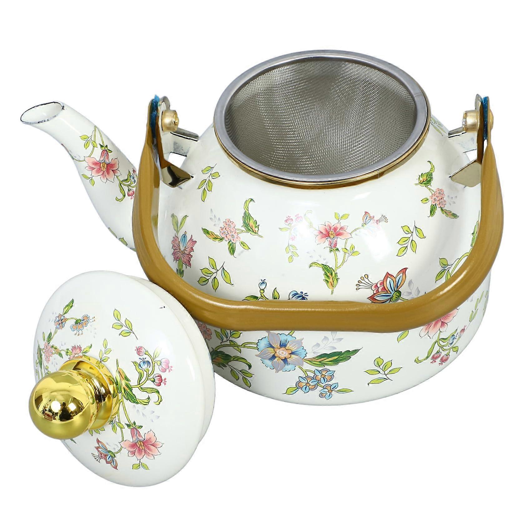 Enamel Tea Kettle with Floral Pattern, Japanese Style Stovetop Kettle, BurnProof Handle, Large Capacity