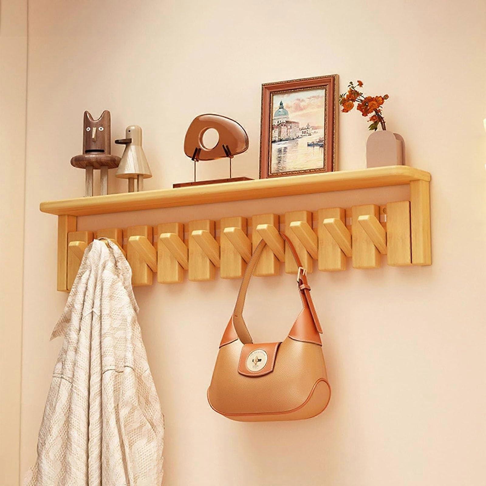 Wall Mounted Coat Rack Solid Wood Piano Key Flip Hooks with Shelf for Entryway 10 Hooks Natural