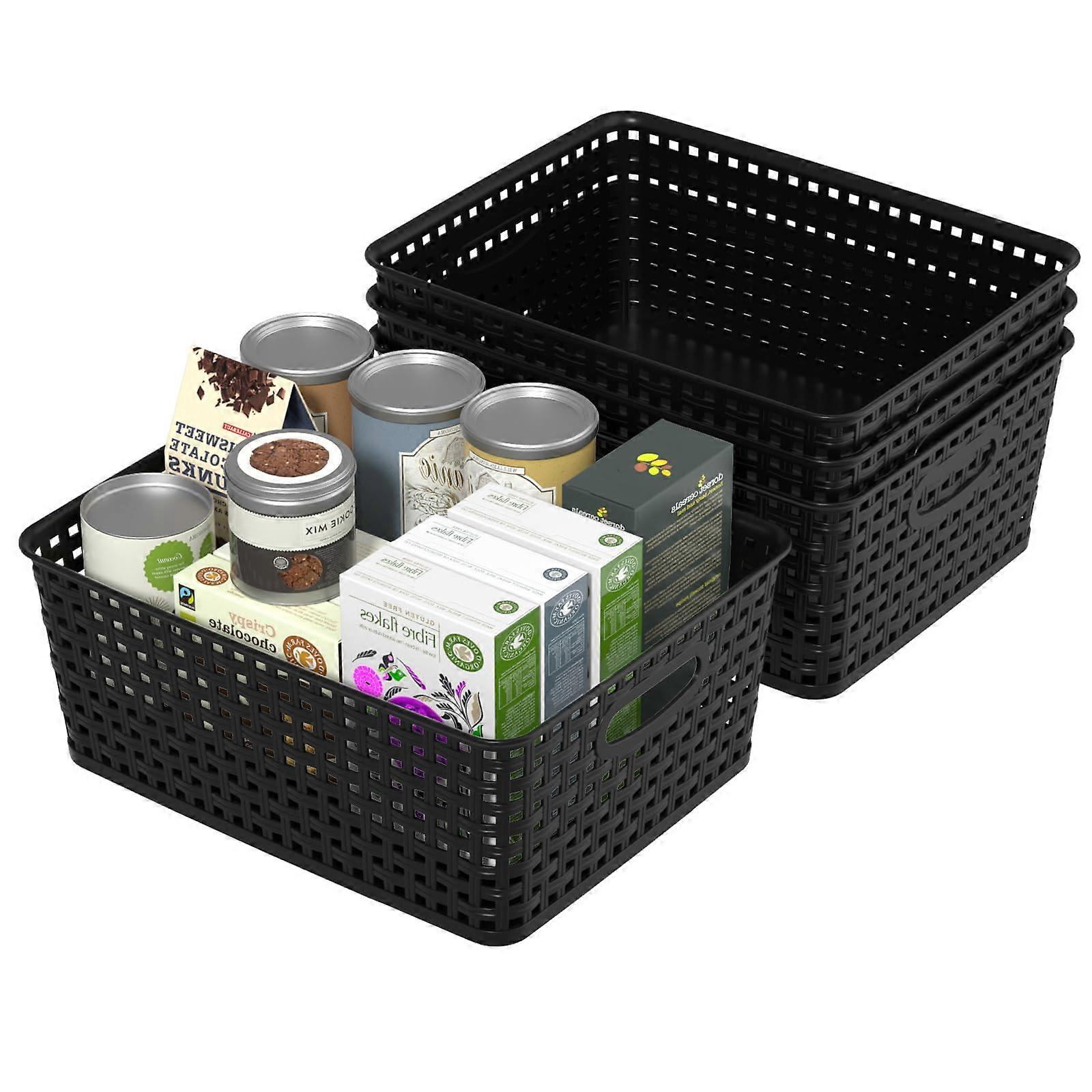 Storage Baskets Set of 4 Woven Plastic with Handles Black Stackable Breathable for Kitchen Use