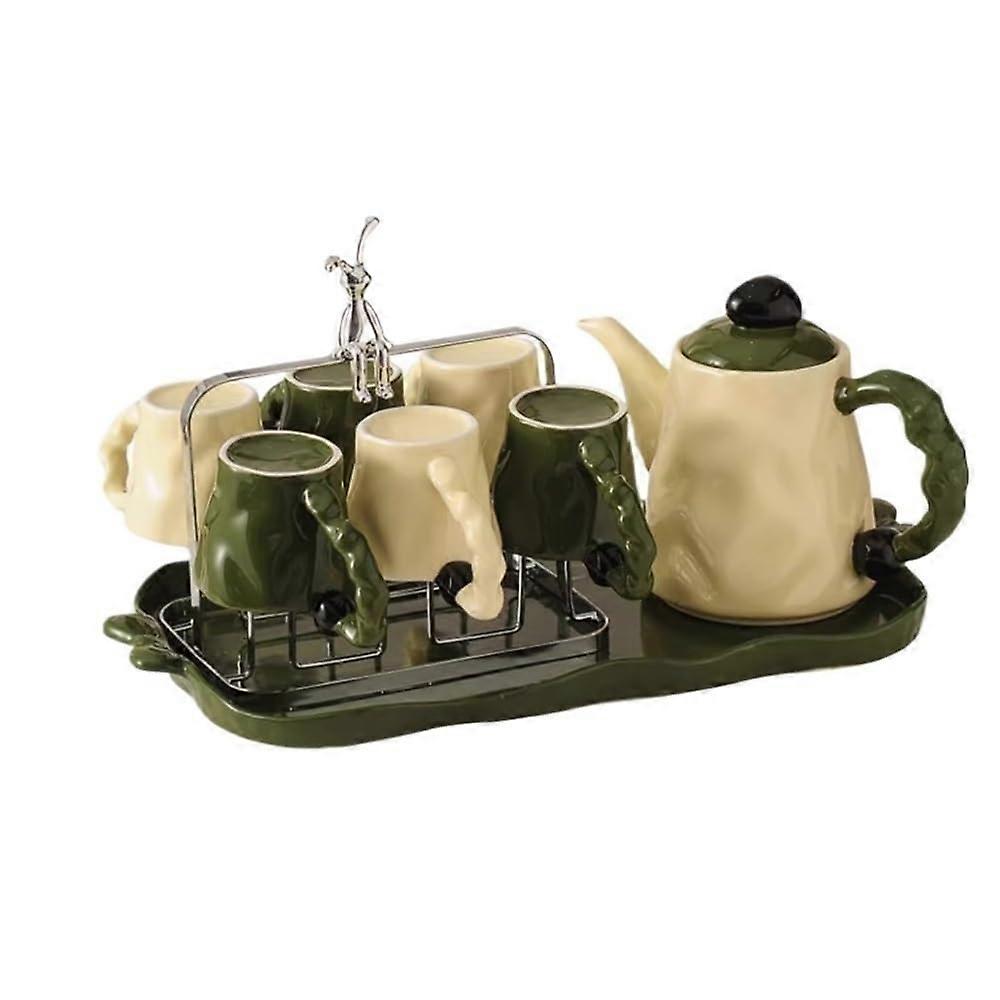 Ceramic Tea Set with Tray and Cups, Elegant Water Pitcher and Holder, Durable Modern Design