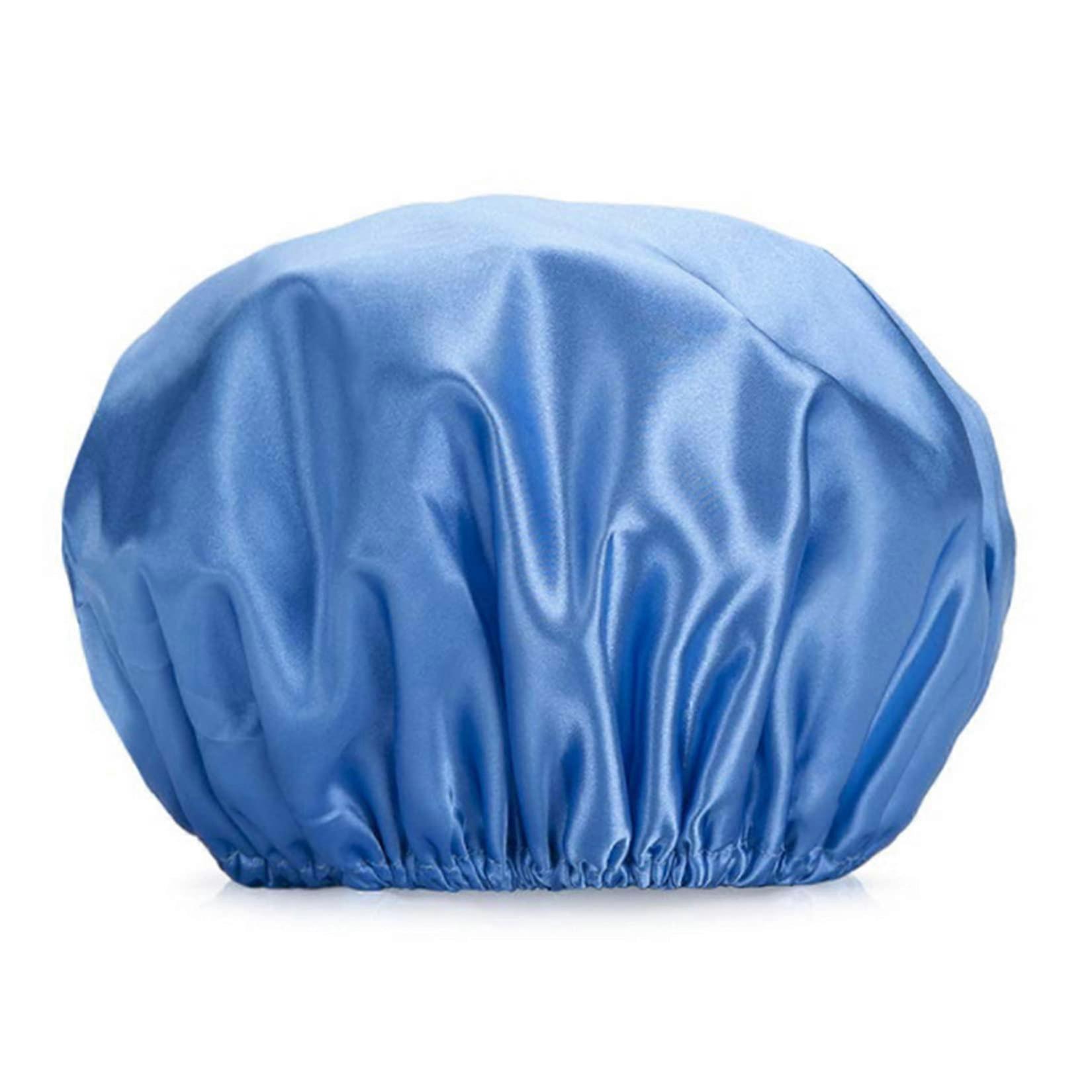 Double Layer Waterproof Shower Cap for Long Thick Hair, Reusable Elastic Bath Hat Blue