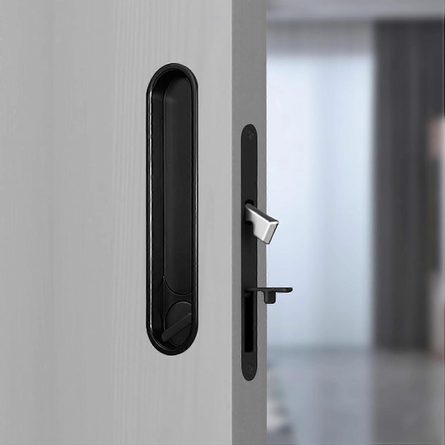 Black Sliding Door Lock with Recessed Pocket Handle and Hidden Door Edge Pull