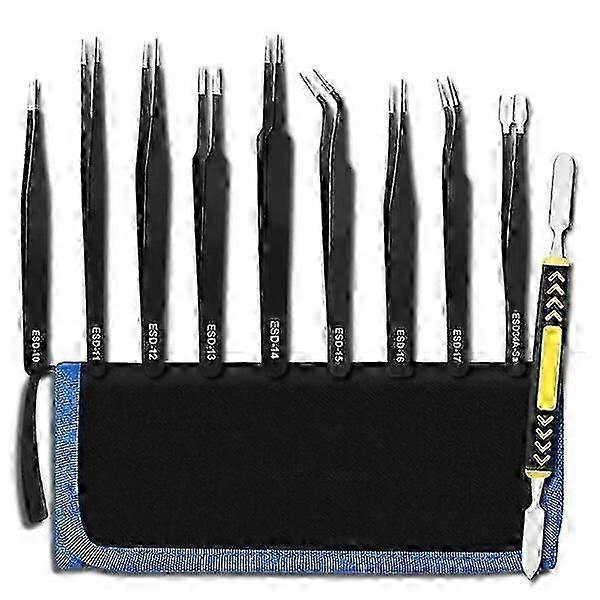Precision tweezers set, 9 pieces, with different shaped tips suitable for precision work