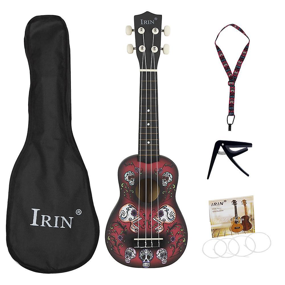 21 Inch Ukulele Cool Skull Pattern Basswood Ukelele 4 Strings Instrument With Bag+strap+string+capo For Music Lover