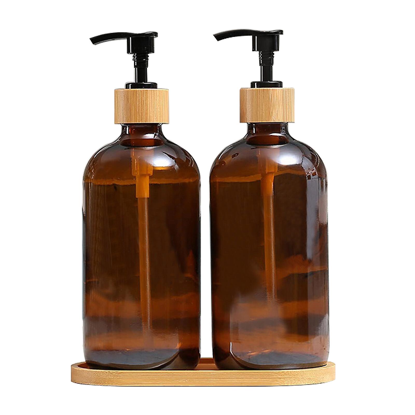 Glass Soap Dispenser Set For Kitchen Sink, 500ml Capacity, Elegant Design With 2pcs Wooden Tray