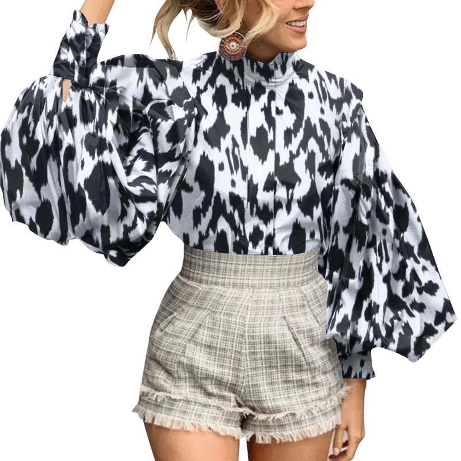 Women's Casual Leopard Print Shirt Pleated Back Button Down Shirt