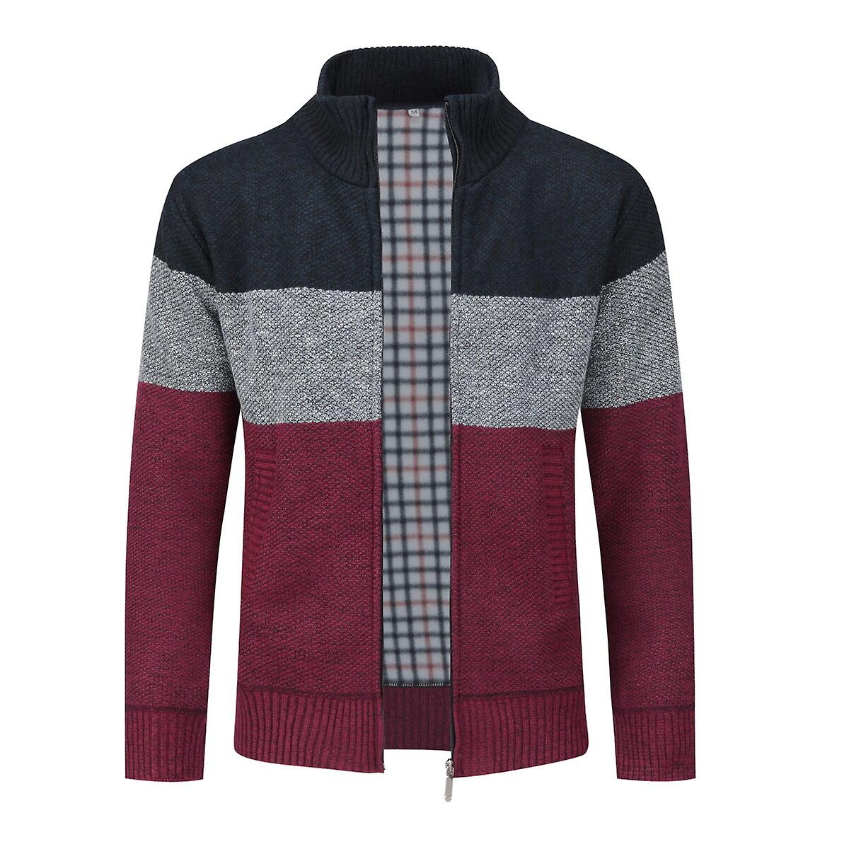 Sliktaa Mens Stand Collar Sweater Color Block Knit Cardigan