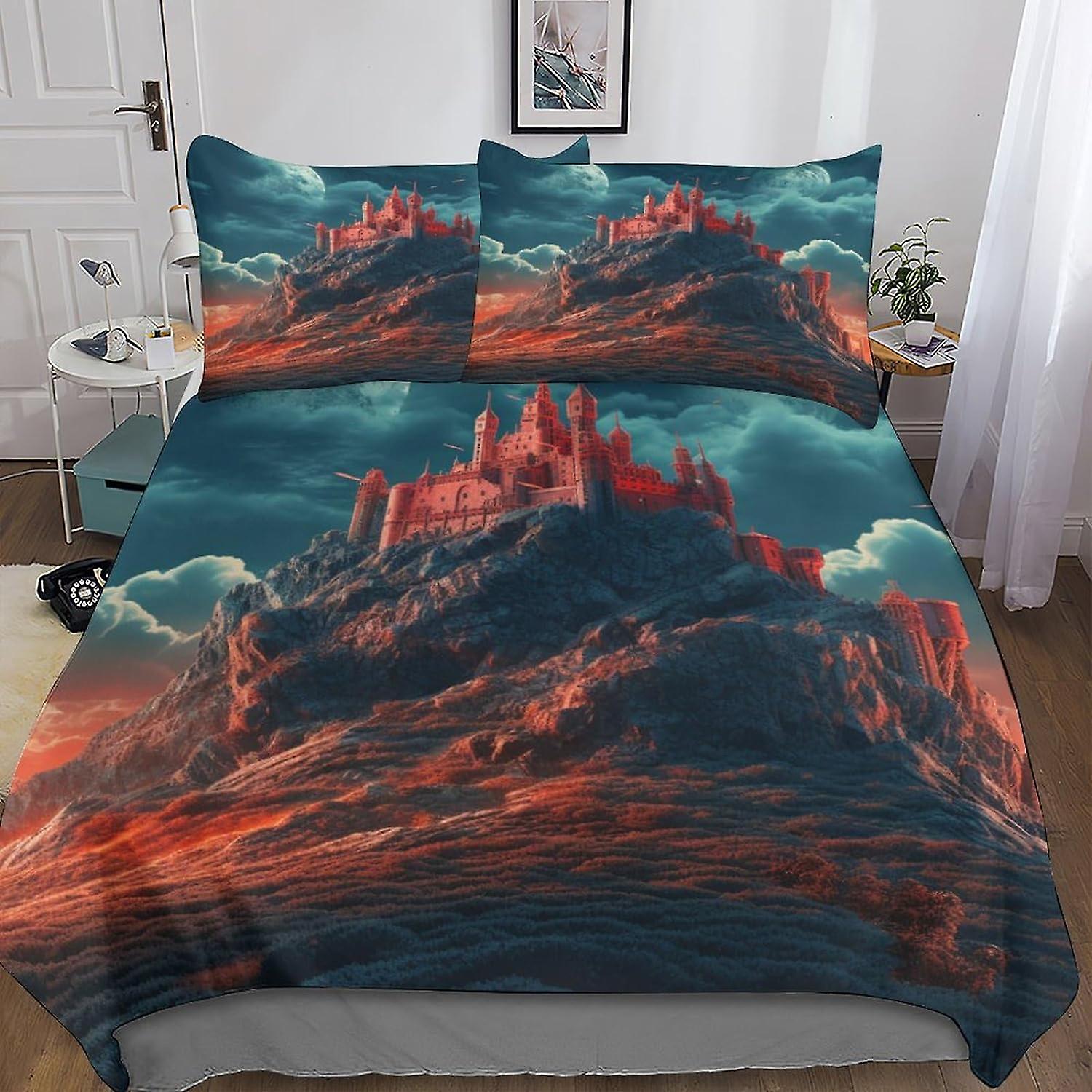 Dark Castle 3D Print Bedding Sets, with Pillow Cases, Duvet Cover Sets Soft Microfiber 3 Pieces, Scary Architecture Quilt Cover with Zipper Comforter