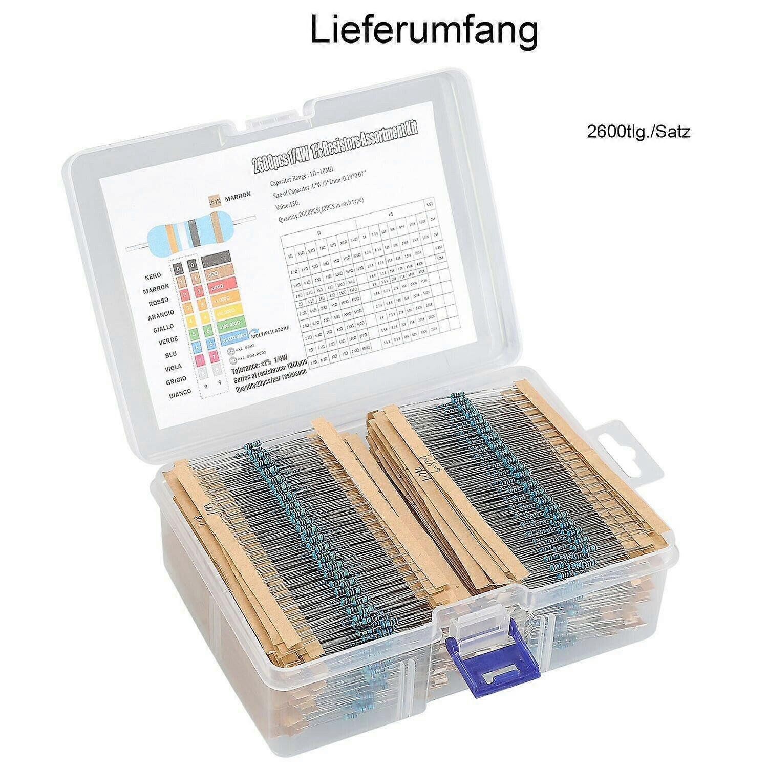 2600 Piece Resistor Kit 130 Values, 1% Assorted Resistors Metal Film Resistor Assortment with 1 Ohm-3M Ohm 1/4W with Storage Box for Projects and Expe