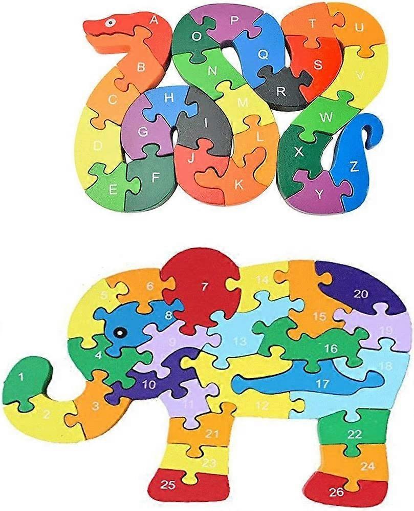 Animal Wooden Puzzle, Building Blocks Puzzles Alphabet Jigsaw Puzzle Preschool Learning Educational Toy Blocks Set Gifts - Snake & Elephant