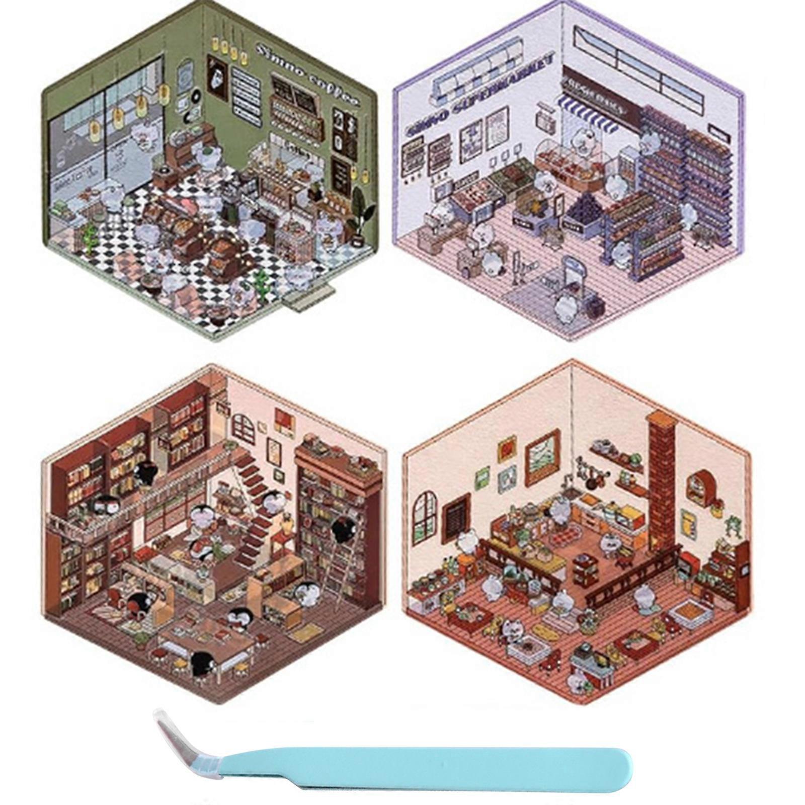 Autocolante de casă DIY 3D, autocolante de scenă 3D coreene distractive drăguțe, cafenea supermarket restaurant librărie (4 seturi)