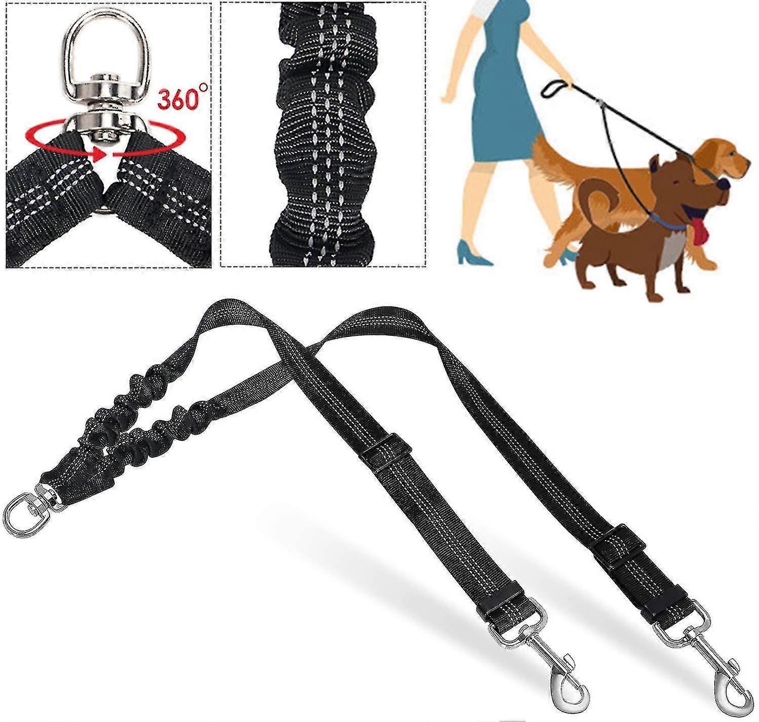 Double Dog Leash, Tangle Free, Dual Leash Dog Walking Training, 360 Degree Rotation, Reflective, Adjustable Length, Double Dog Leash Dividers, Shock A