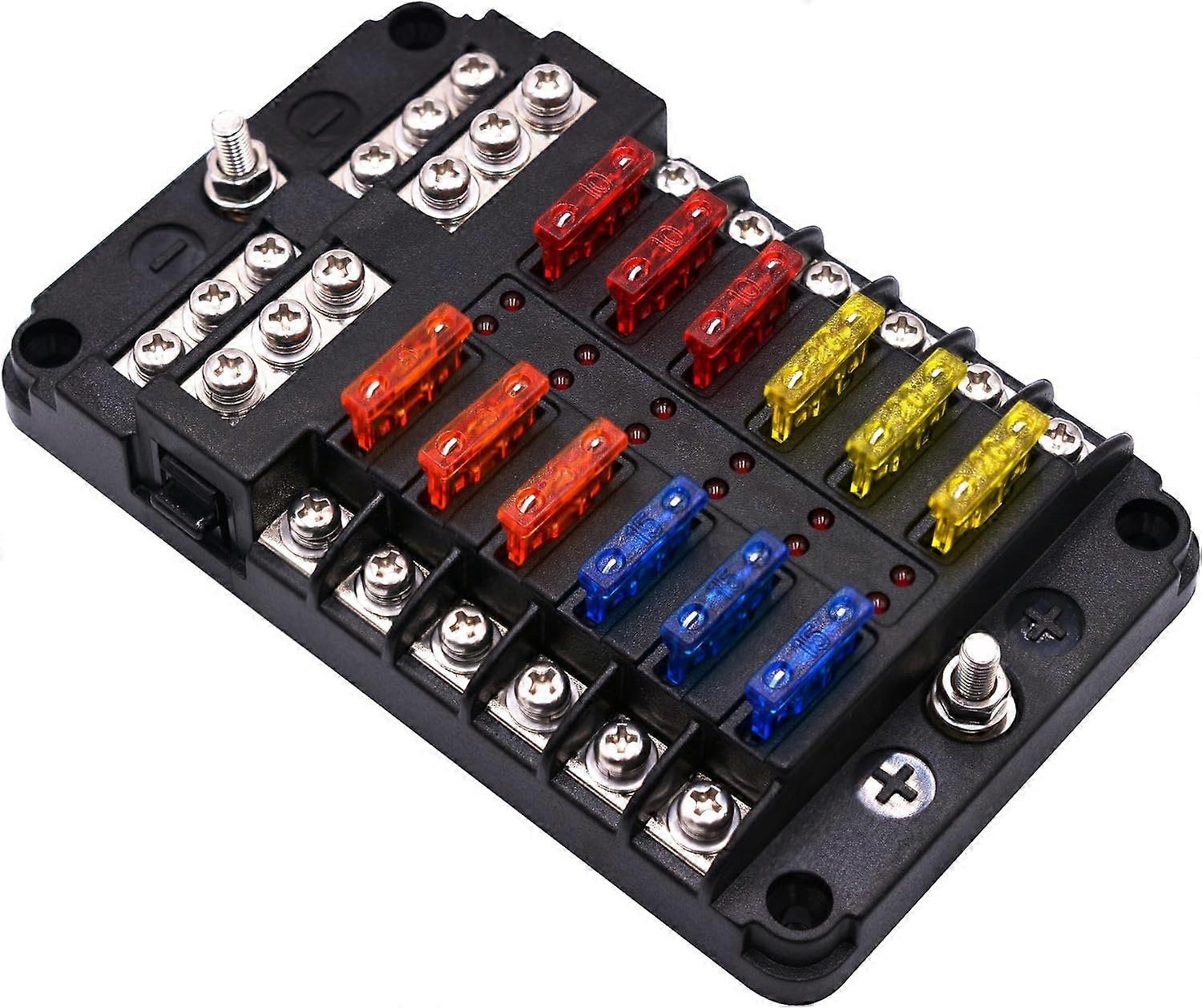 12-Way Blade Fuse Block W/Negative Bus ATC/ATO Fuse Box Holder with Assorted Fuses, Ground Terminals, LED Indicator for Car Boat Marine RV Truck DC 12