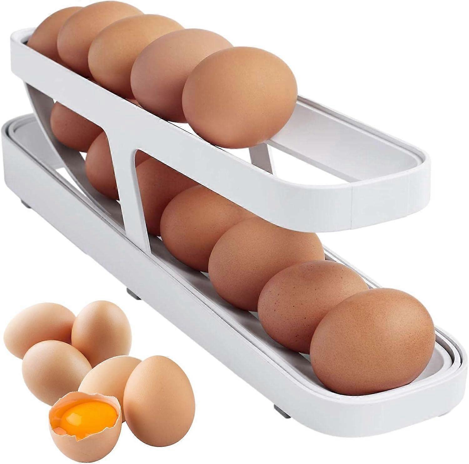 Rolldown Egg Holder - Automatic Rolling Egg Box Fridge Egg Dispenser - Double Tier Egg Container Egg Organiser for Fridge Door - 12-14 Eggs