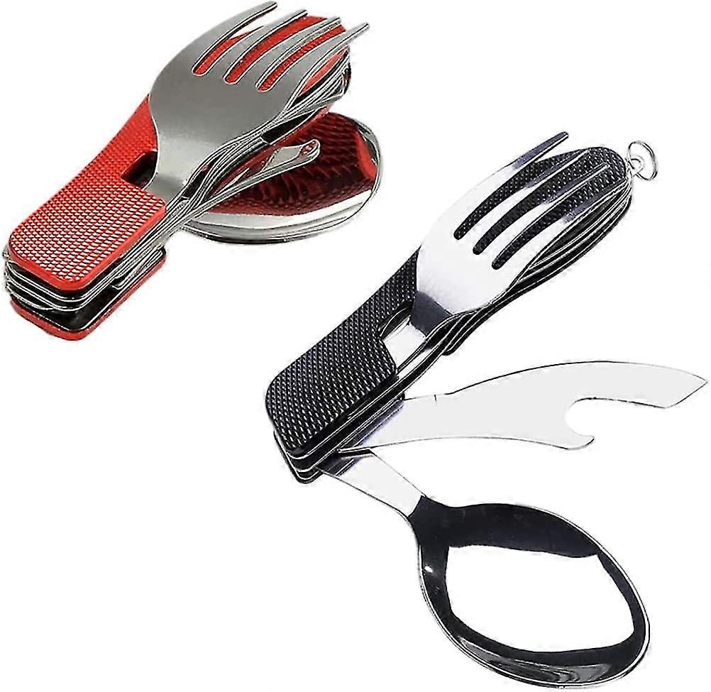 Stainless Folding Cutlery Detachable 4 In 1 Tableware Camping Outdoor Flatware Set For Travel 2pcs,detachable 4 In 1 Tablewareblack, Blue2pcs