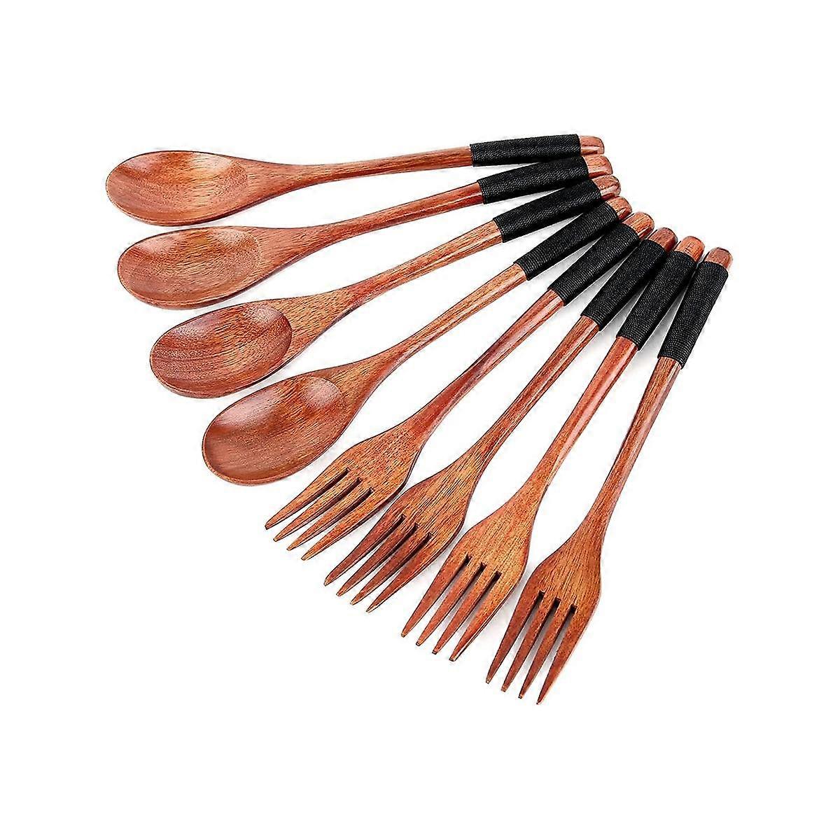 8Pcs Wooden Spoons Forks Set, Japanese Style Wooden Utensil Set, Handmade Kitchen Spoon, Reusable T