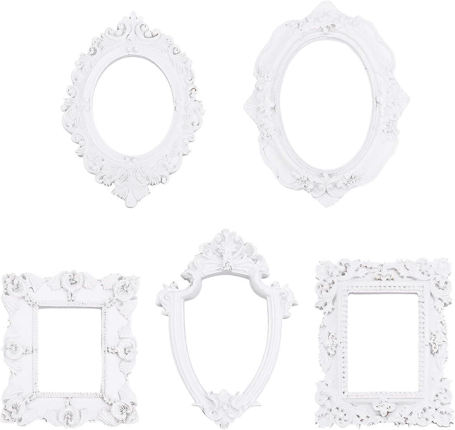 5 Pcs Vintage Resin Picture Frame (5 Different Style & Sizes) Retro White Flower Oval Rectangle Frame without Glass Tabletop Jewelry Display Frame for