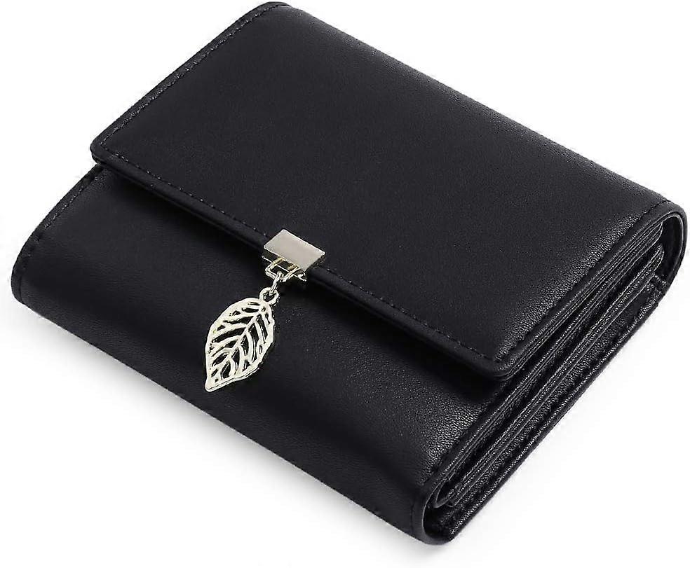 Black Women's Purse Delicate Leaf Wallet PU Leather Zipper Coin Wallet with 6 Credit Card Slots