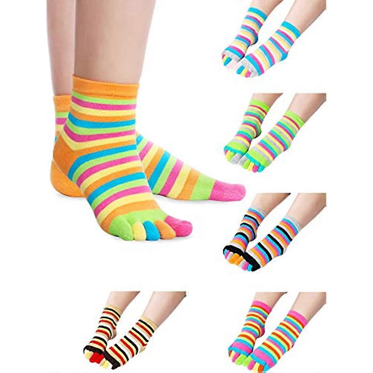 6 Pairs Full Toe Socks Toe Separated Cotton Socks Colorful Stripe Socks for Women Men