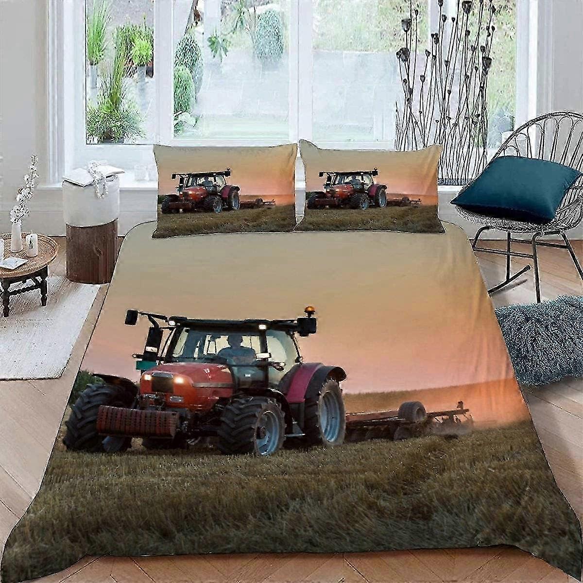 J487 Lakan 3D Traktor Enkelpåslakan Set 3 delar Mjuk Microfiber Farm Combine Harvester Täcke Överdrag med dragkedja Lättskött sängkläder Se