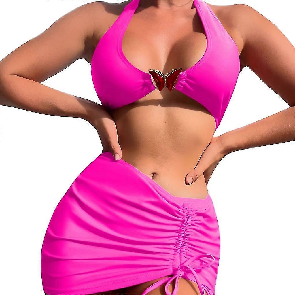 3 peças Split Swimsuits para mulheres Solid Butterfly maiô com saia de praia