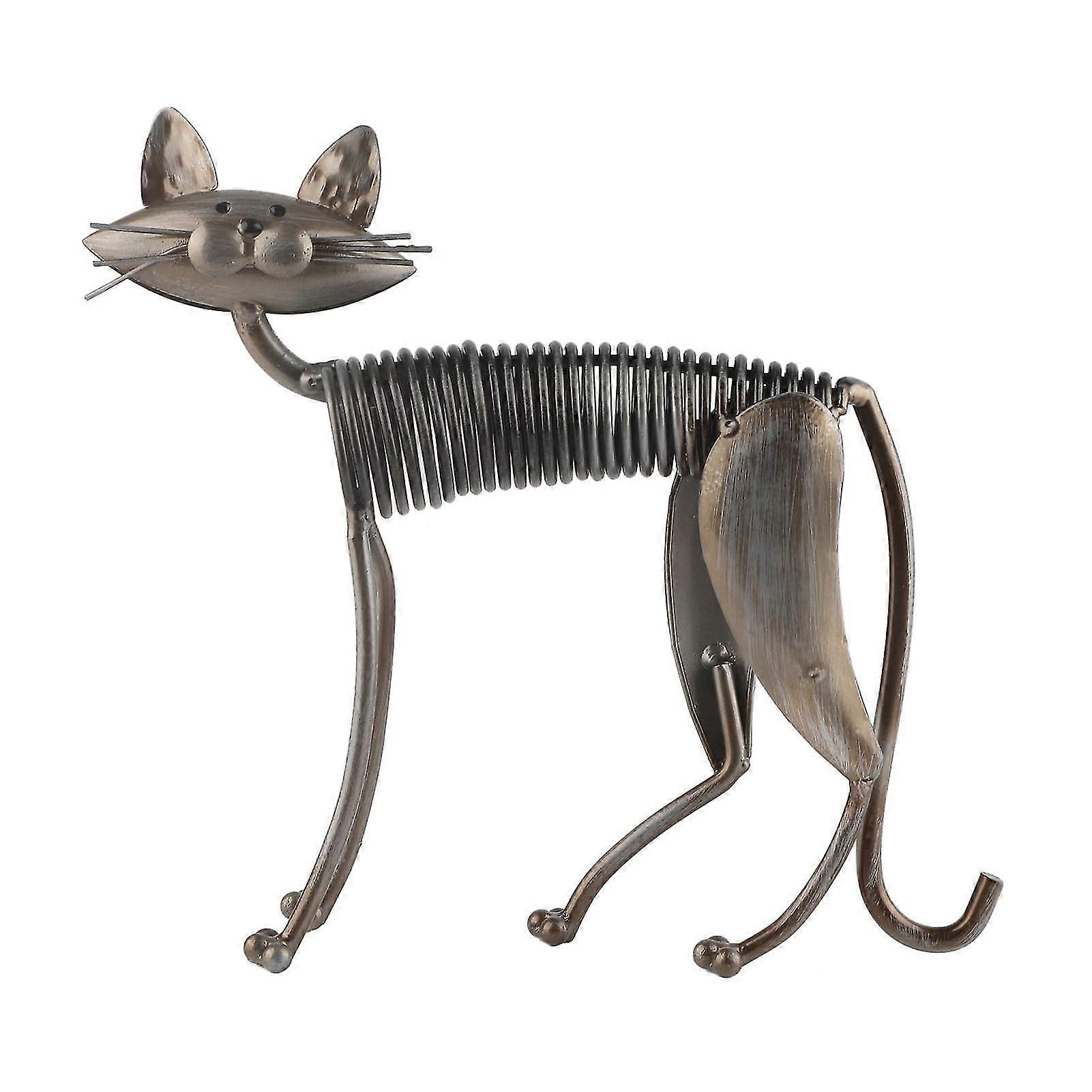 Metal Spring Cat Sculpture Iron Art Cat Spring Handicraft Decorative Spring Cat Figurine for Living Room Bookshelf