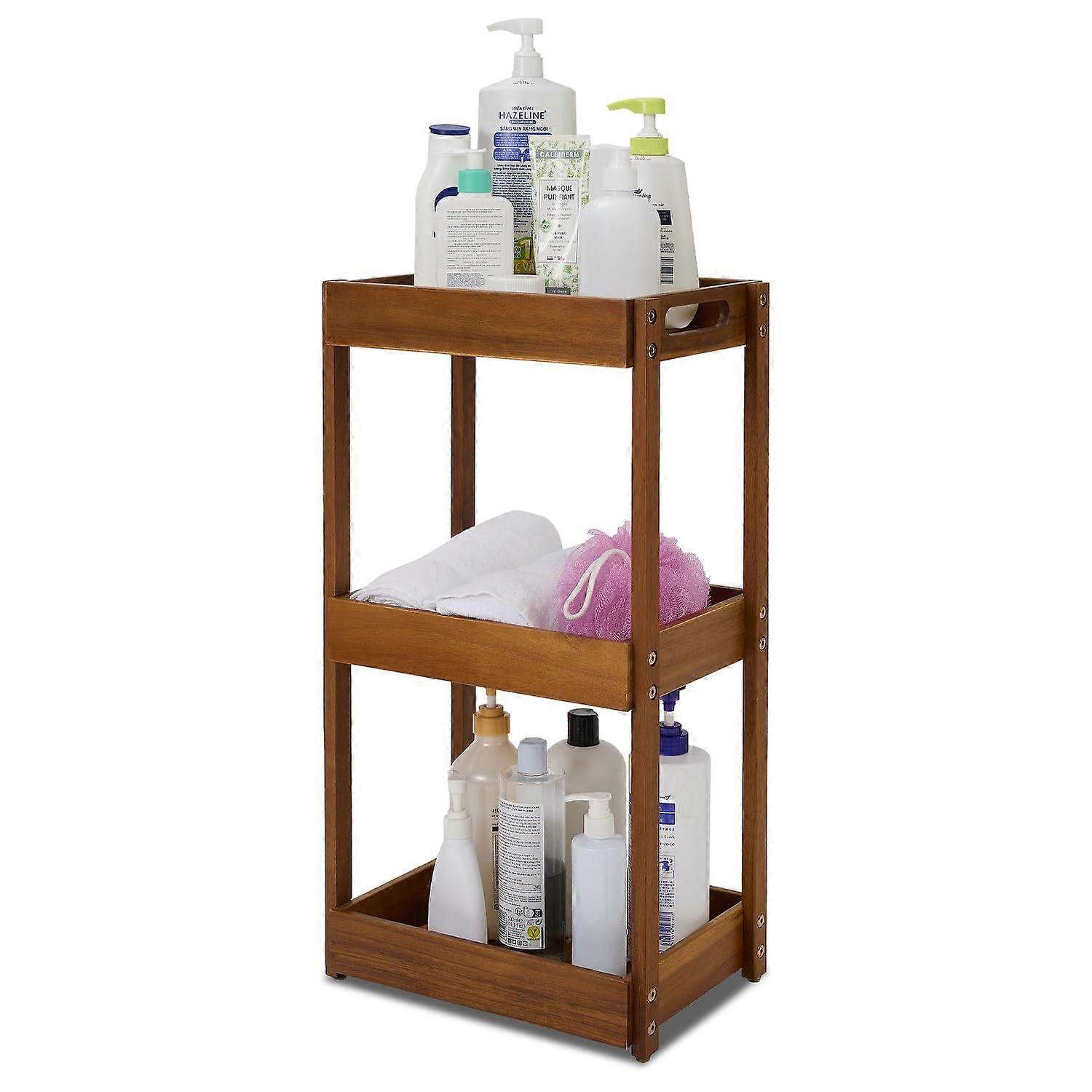 3-Tier Acacia Wood Shower Caddy in Teak Color, Durable Bathroom Organizer with Adjustable Shelves and Rust-Resistant Finish