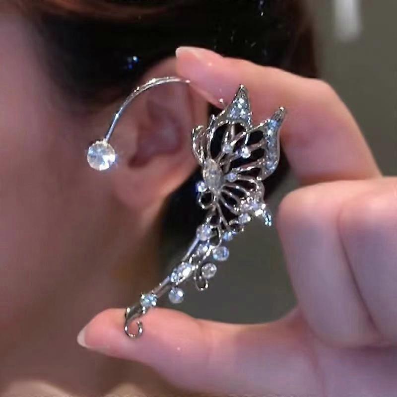 Ear Cuff Korean Style Hollow Out Lustrous Without Piercing Temperament Butterfly Elf Inlaid Rhinestone