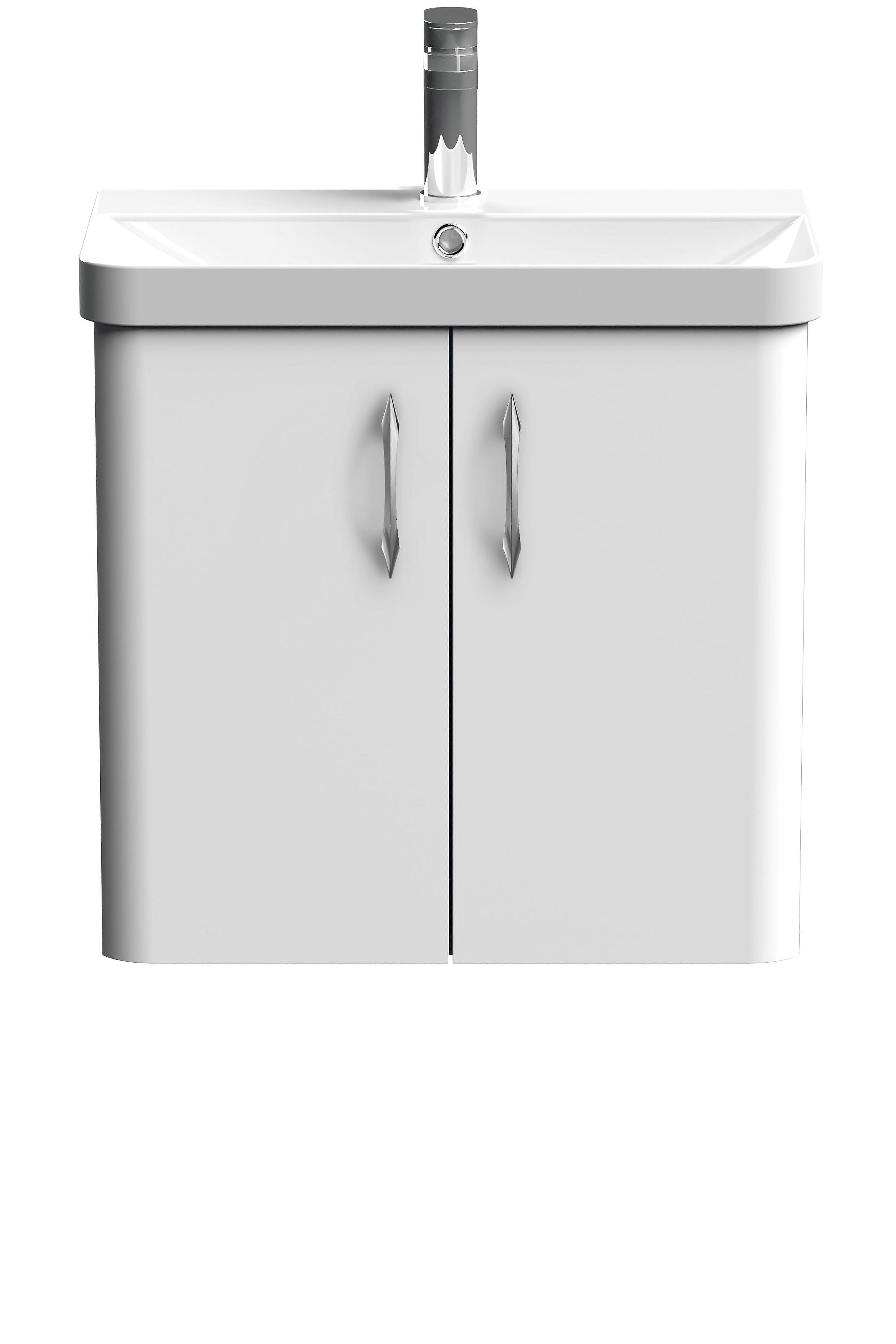 Curve Wall Hung 2 Door Vanity Basin Unit - 600mm - Gloss White with Chrome D Shape Handles (Tap Not Included) Faucet