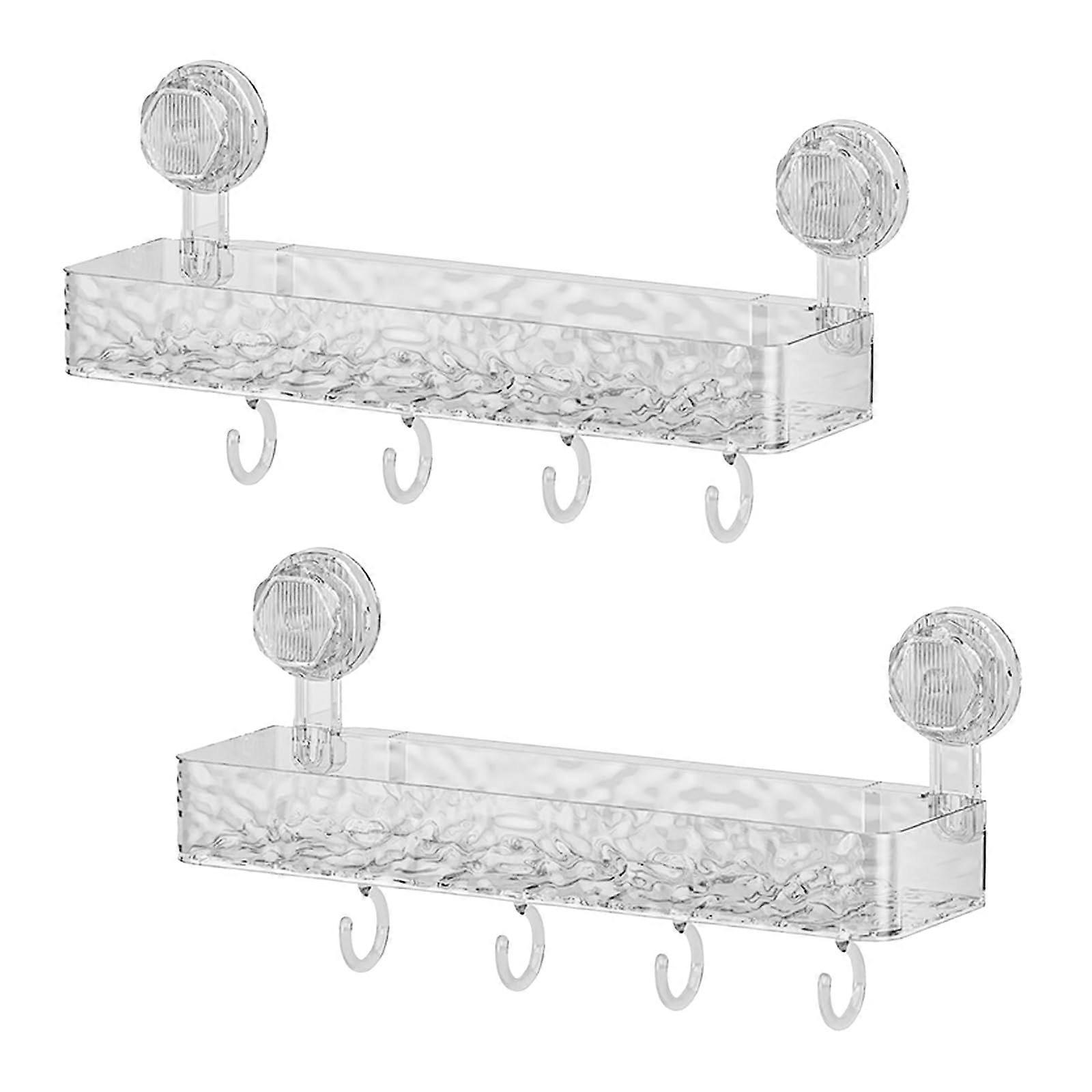 Wall Mounted Suction Cup Shelf with 4 Hooks, No Drill Shower Caddy, Removable Bathroom Storage Holder, White (Pack of 2)