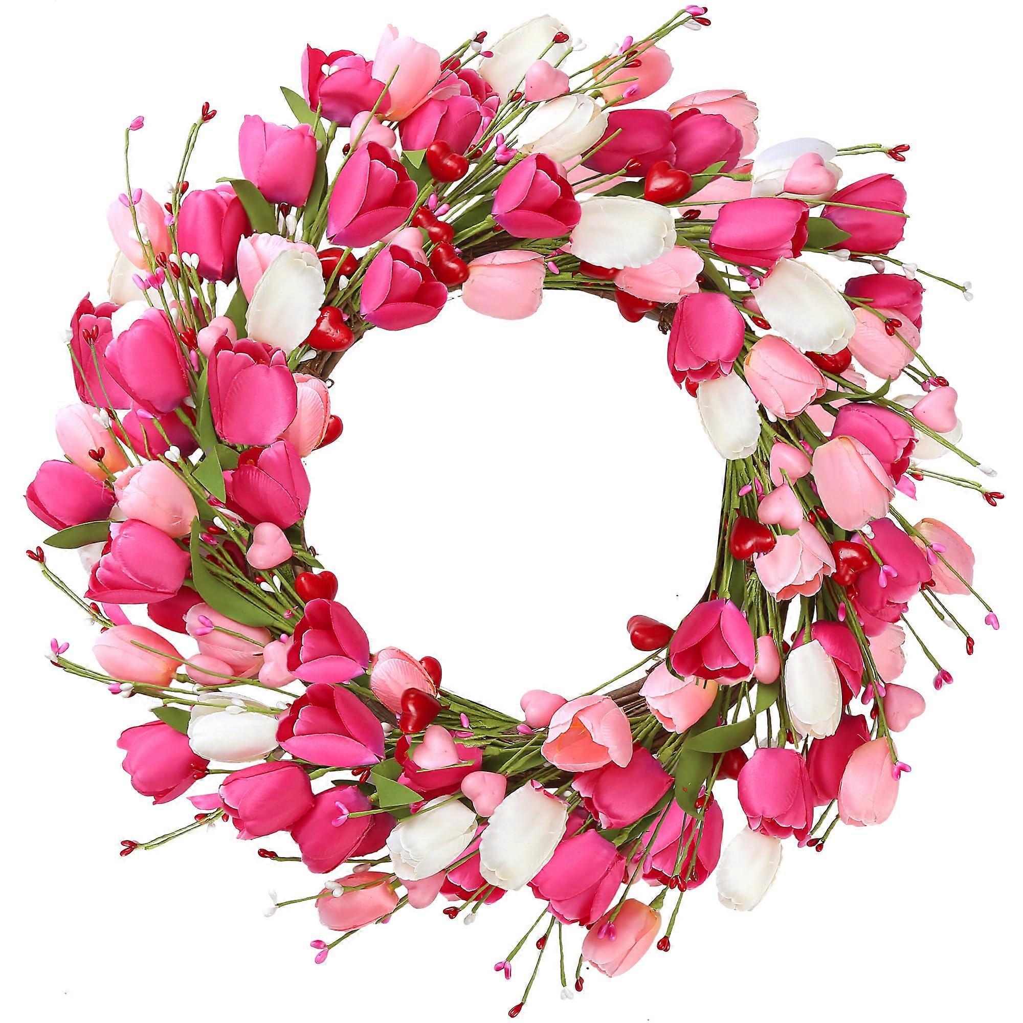 Tulip Wreath Artificial Pink Flower with Heart Berries and Green Leaves for Front Door Wall Decor 20 Inch