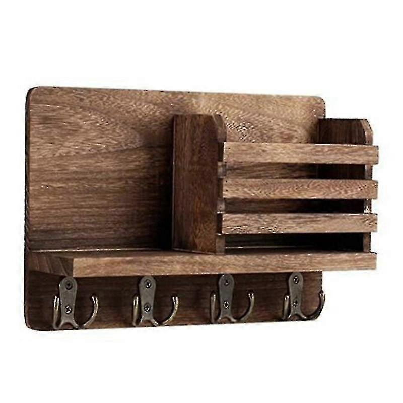 Rustic Wall-Mounted Mail Organizer with 4 Key Hooks - Stylish Entryway Storage Solution