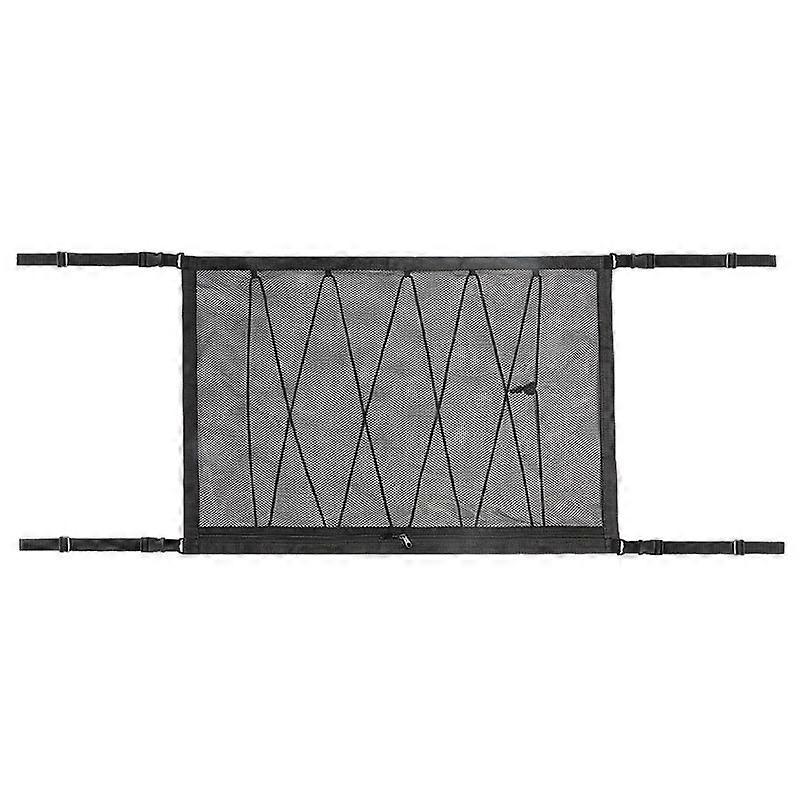 Car Ceiling Storage Net Bag Draw Rope Double-Layer Zipper Car Storage Net Pocket 80x55cm