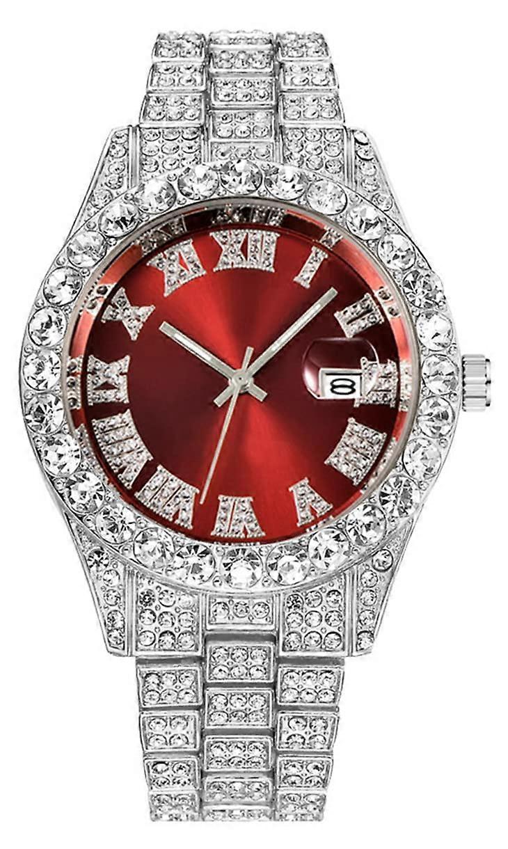 Hip Hop Ice Out Rhinestone Watch for Men, Diamond Analog Quartz Timepiece in Red, Stylish Wrist Watch with Adjustable Band