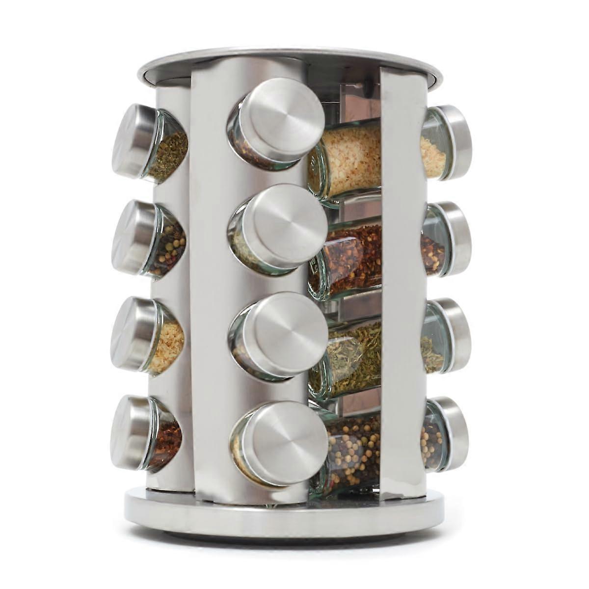 Revolving 16 Jar Spice Rack Carousel Rack With Brushed Silver Finish Contemporary Rotating Organizer
