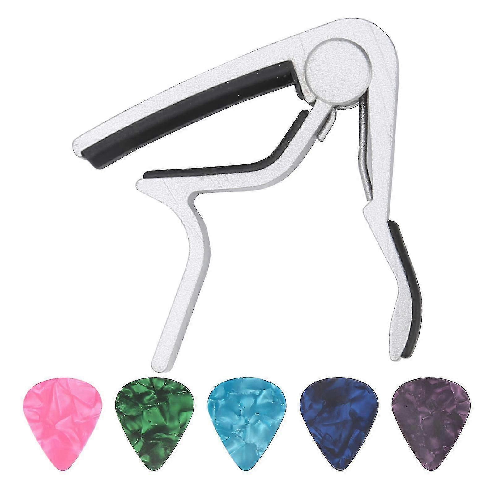1Pc Guitar Capo 5Pcs Celluloid Pick Zinc Alloy Stringed Instrument Repair Accessories(Silver )