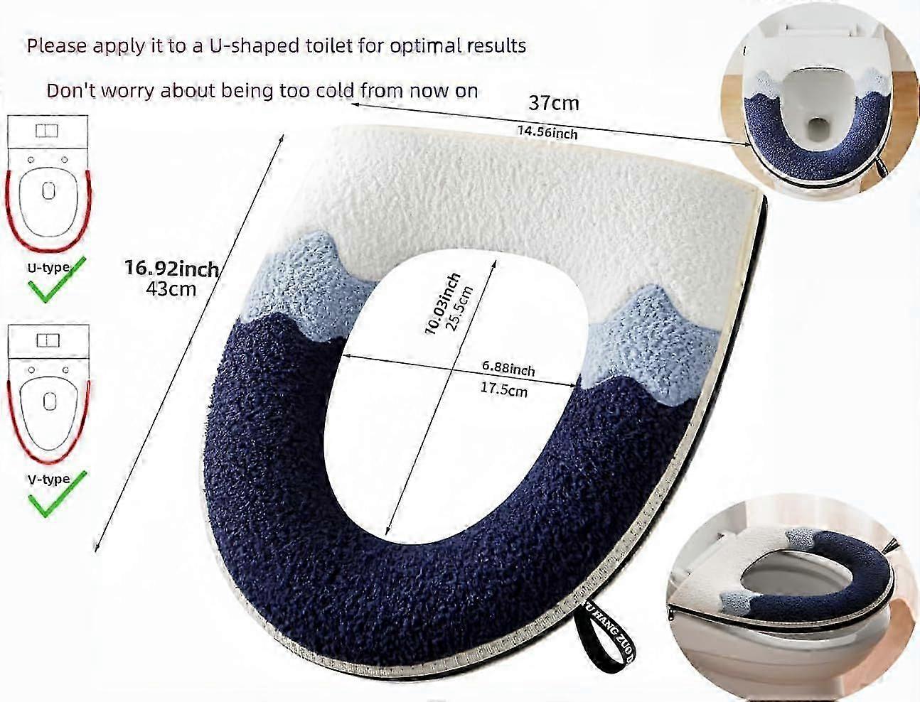 1pcs Housse de siège de toilette avec poignéeCoussin de couverture de siège de toiletteCoussin de siège de toilette en forme de U zippéTapis de toilette chauffant lavable (bleu)