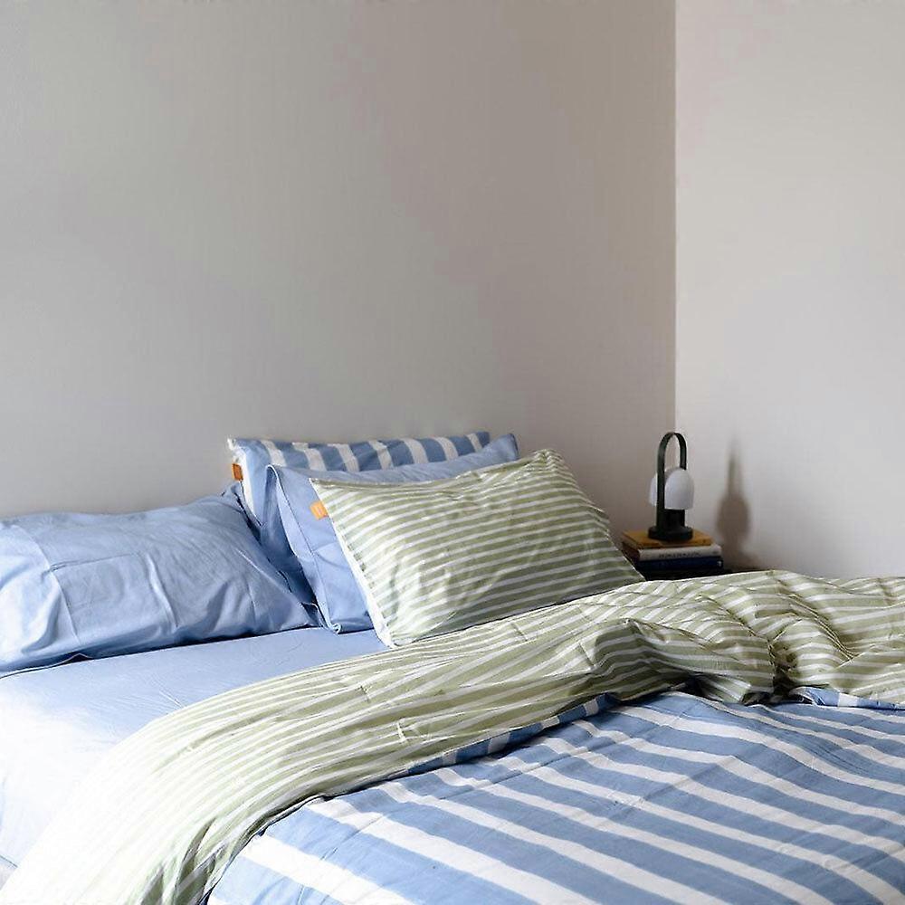 100% Cotton Duvet Quilt Cover Set w/ 2 Pillow Cases in Reversible Blue/Green/White Stripe