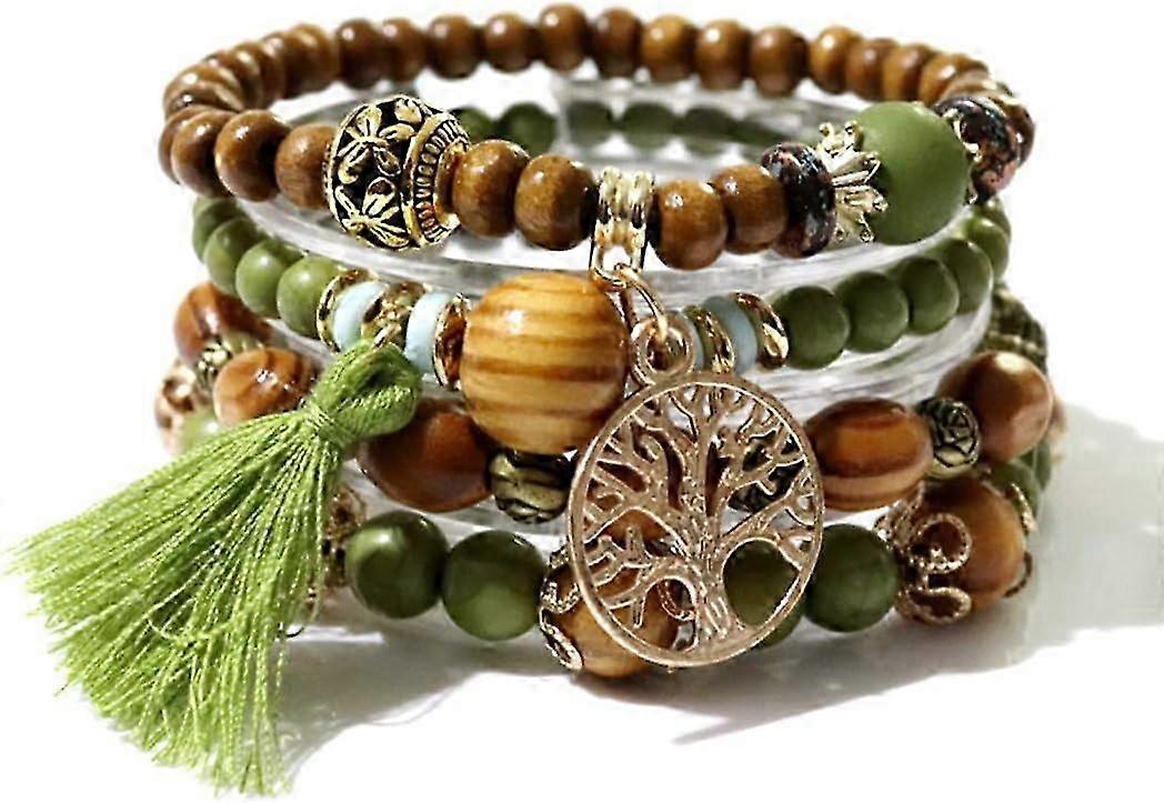 Multi-Layer Wooden Bead Tassel Bracelet Set with Tree of Life Pendant, Elastic Jewelry for Bohemian Style (Army Green)