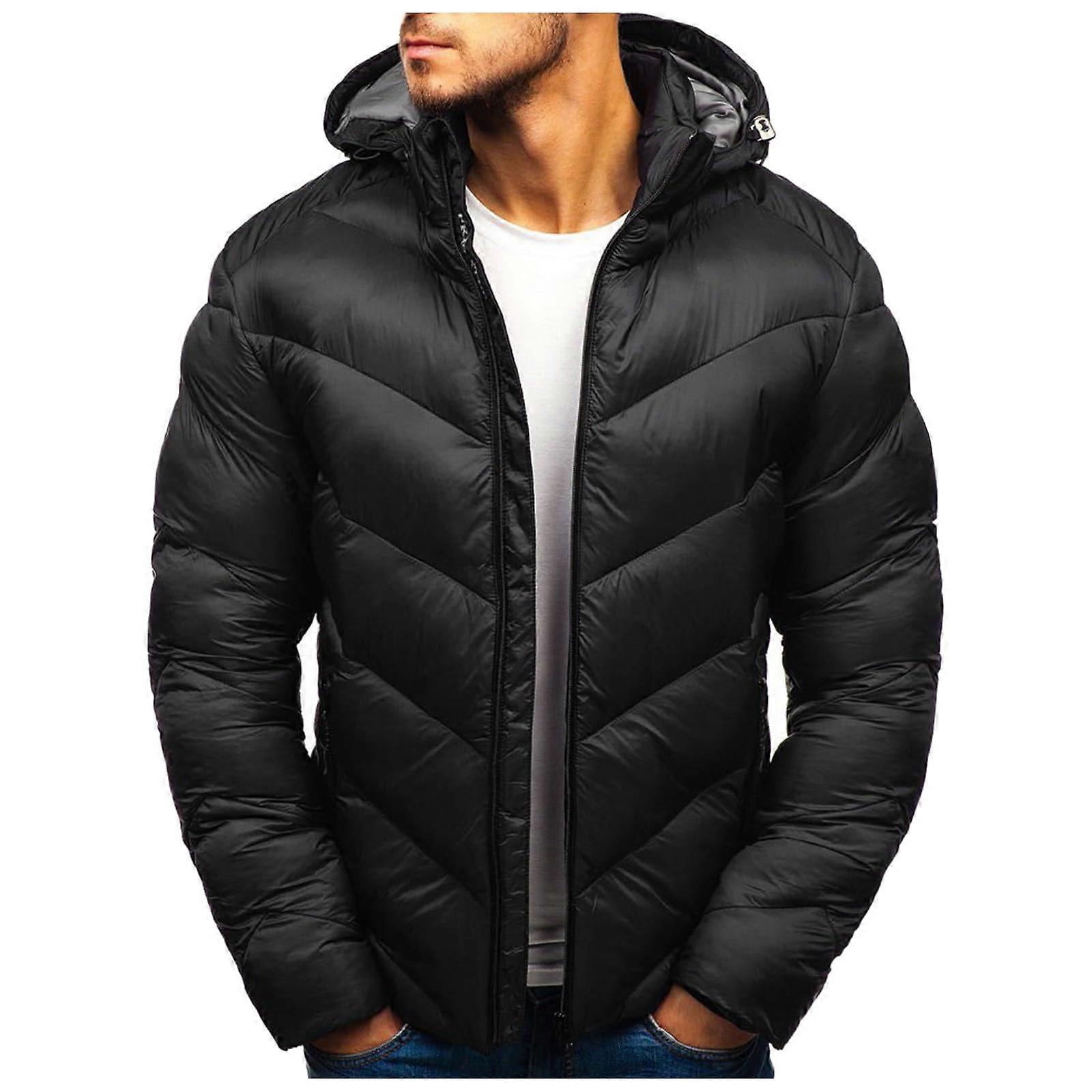Transition Jacket Men's Down Jacket With Hood Windproof Winter Lightweight Quilted Puffer Jacket Black 3XL Zip Pockets